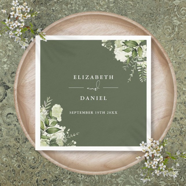 Serviette En Papier Élégance Florale Végétale Mariage Vert Olive (Greenery Floral Elegant Olive Green Wedding Napkins)