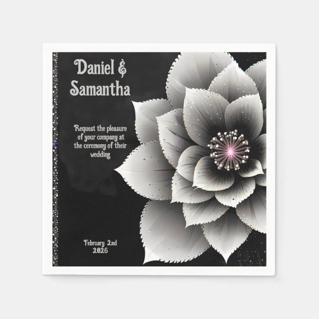 Serviette En Papier Élégance intemporelle : Mariage en fleurs noir et  (Devant)