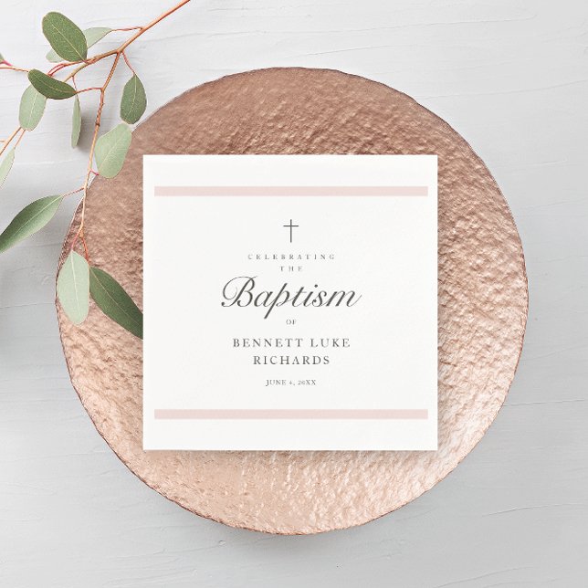 Serviette En Papier Élégance Moderne Baptême de Filles (Modern girls baptism napkin with simple pink bars, script typography and simple cross. )