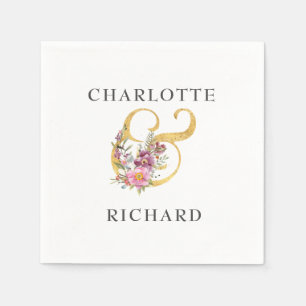 Serviette En Papier Élégance simple, Ampersand d'or avec fleurs roses
