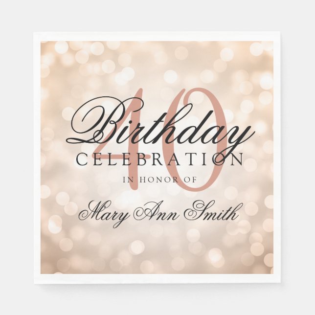Serviette En Papier Elégant 40e anniversaire Rose Gold Parties scintil (Devant)