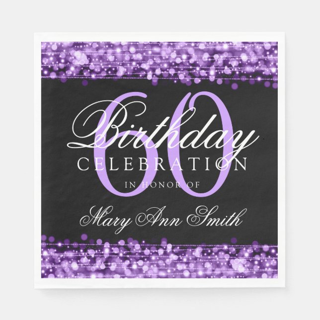 Serviette En Papier Élégant 60e anniversaire Purple Bokeh éclat (Devant)