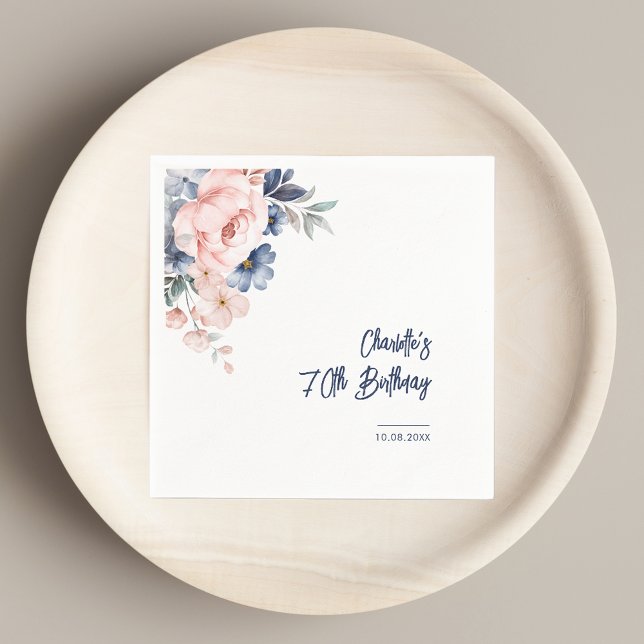 Serviette En Papier Élégant 70e anniversaire Pink Floral Party Papier (Blush Pink Floral 70th Birthday Party Paper Napkins)