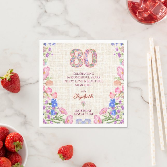 Serviette En Papier Elegant 80th Birthday for Her - Pink Floral  (En situation)