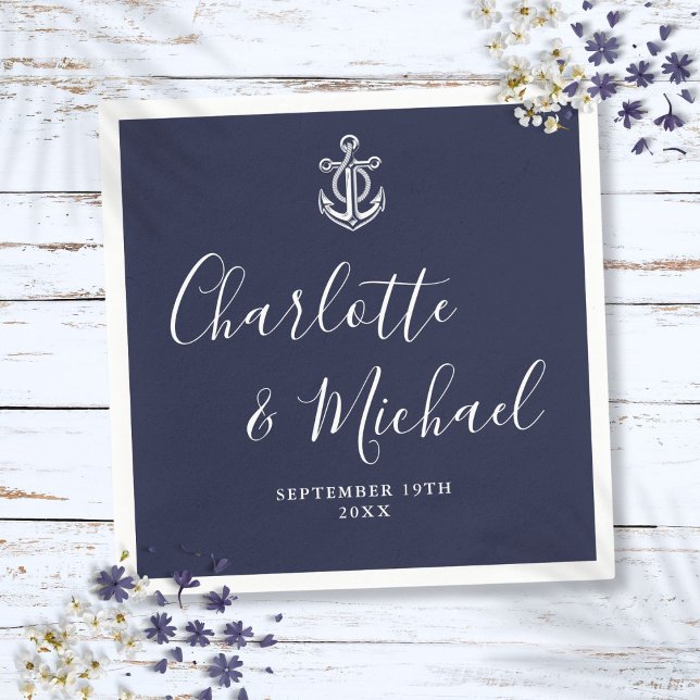 Serviette En Papier Élégant Ancre bleu marine Mariage nautique (Elegant Navy Blue Anchor Nautical Wedding Napkins)