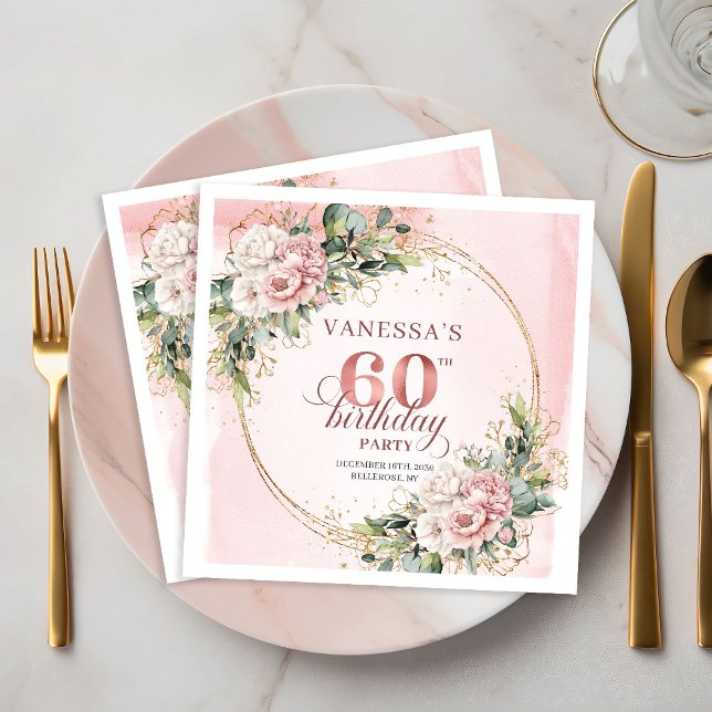 Serviette En Papier Élégant anniversaire 60 ans floral rose pâle scint (Stylish boho light pink floral shimmer 60th birthday napkins

)