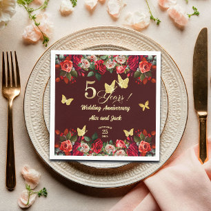 Serviette En Papier Élégant Anniversaire de Mariage Floral Or 5ème