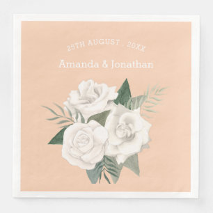 Serviette En Papier Élégant Apricot Crush et Mariage de Roses Blanches