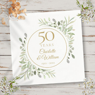 Serviette En Papier Élégant aquarelle de verdure dorée pour 50e annive