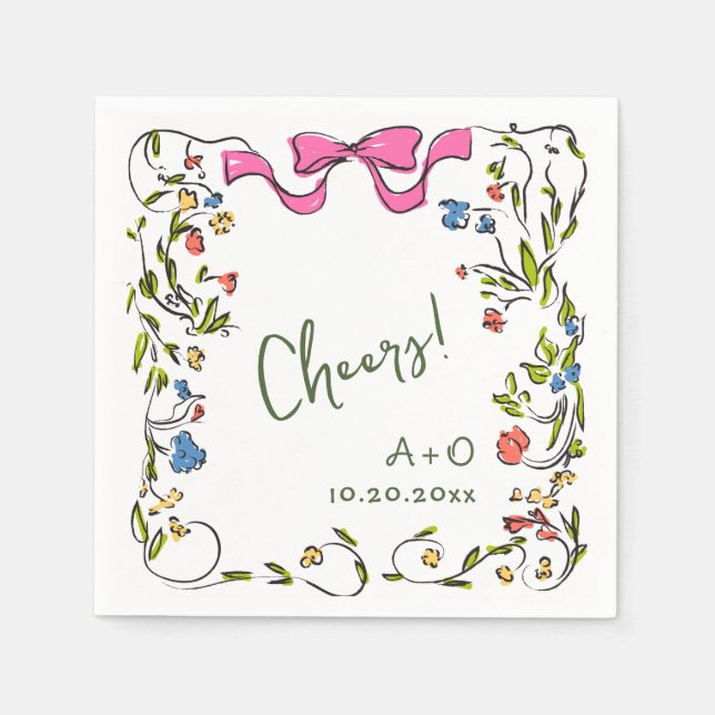 Serviette En Papier Elégant Aquarelle Fleurs sauvages Mariage (Devant)