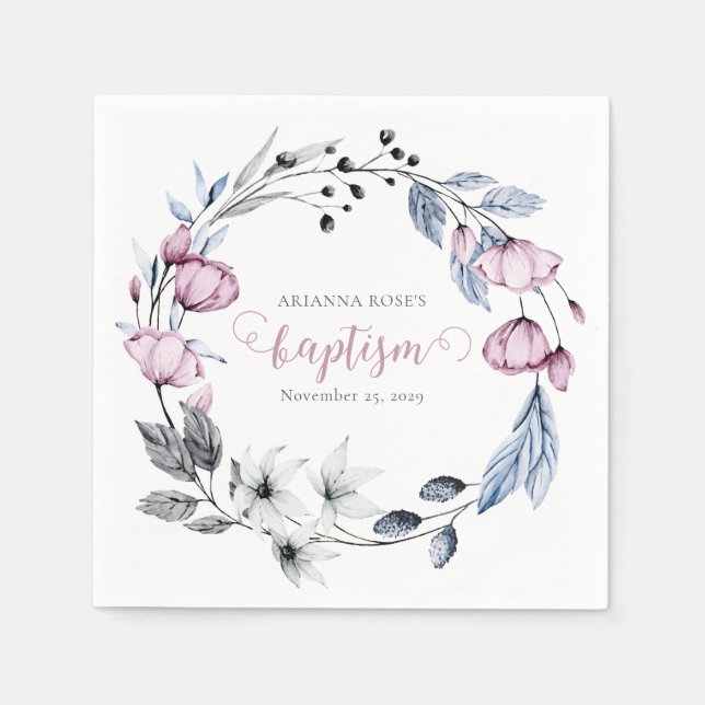 Serviette En Papier Elégant aquarelle Floral Wreath Baptisme (Devant)