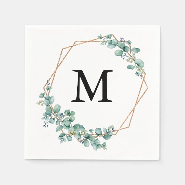 Serviette En Papier Elégant Aquarelle Monogram Gold Green Mariage (Devant)