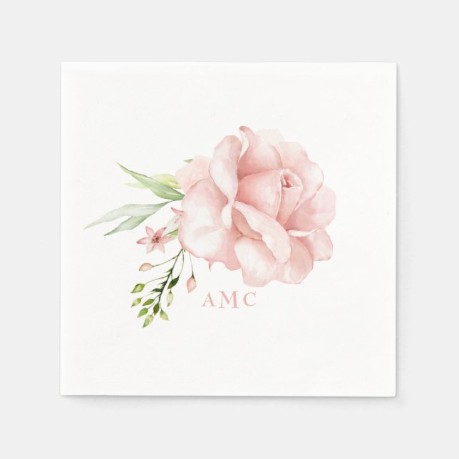 Serviette En Papier Elégant Aquarelle Monogramme Rose Floral Cocktail (Devant)