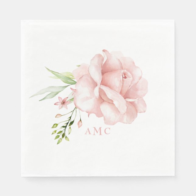 Serviette En Papier Élégant aquarelle Monogramme rose floral déjeuner (Devant)