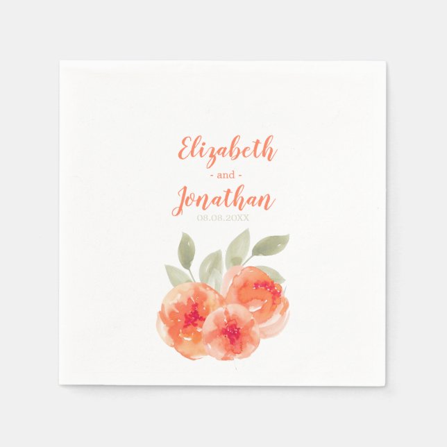 Serviette En Papier Elégant Aquarelle Pêche pivoines Floral Mariage (Devant)