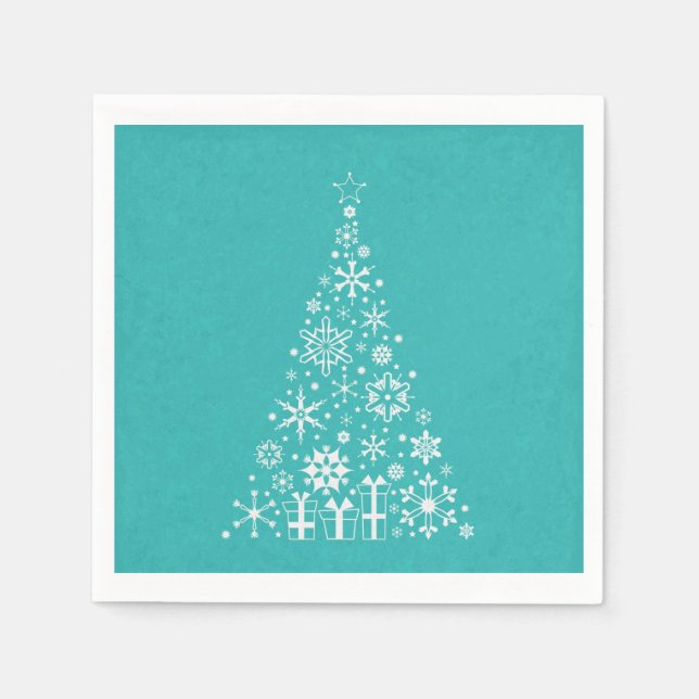 Serviette En Papier Élégant arbre de Noël blanc et turquoise (Devant)