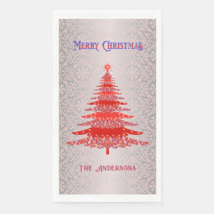 Serviette En Papier Élégant Arbre de Noël Rouge Argent Nom Ornements