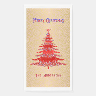Serviette En Papier Élégant Arbre de Noël Rouge Or Nom Ornements