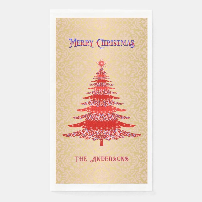 Serviette En Papier Élégant Arbre de Noël Rouge Or Nom Ornements (Devant)