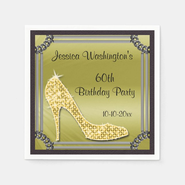 Serviette En Papier Elégant Argent encadré Stiletto Or 60e anniversair (Devant)