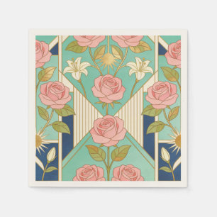 Serviette En Papier Élégant Art Déco Roses Roses & Turquoise Floral