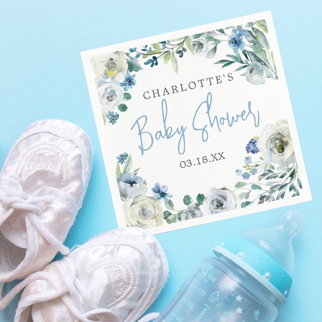 Serviette En Papier Elégant Baby shower Bleu Blanc Floral Spring Boy (Créateur téléchargé)