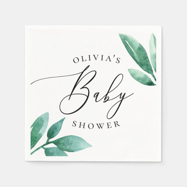 Serviette En Papier Elégant baby shower botanique aquarelle verdure (Devant)