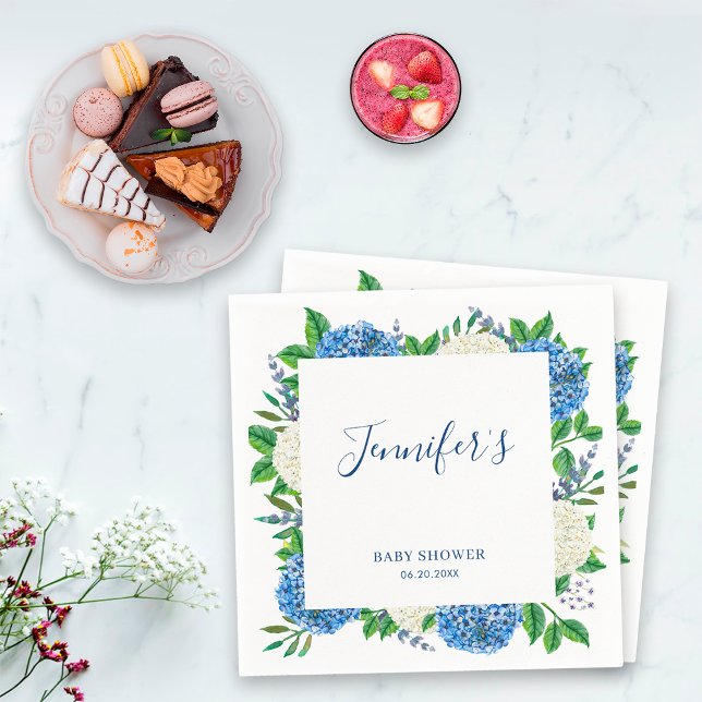 Serviette En Papier Élégant Baby shower Botanique Bleu Hydrangée (Créateur téléchargé)