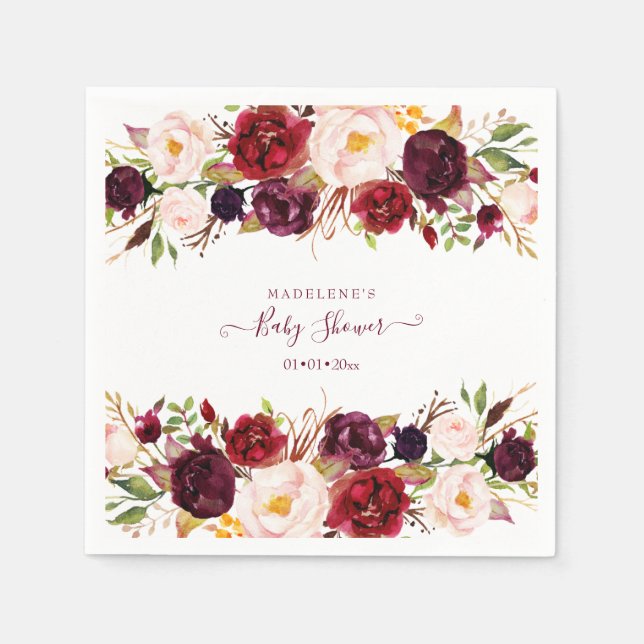 Serviette En Papier Elégant Baby shower d'aquarelle florale bordeaux (Devant)