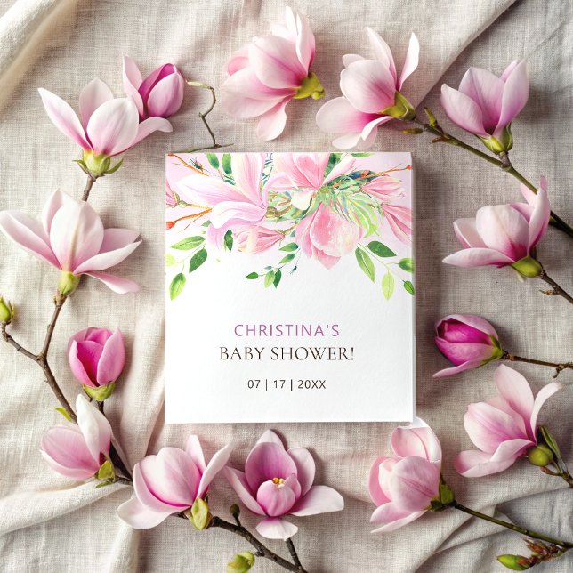 Serviette En Papier Elégant Baby shower d'aquarelle rose Magnolia (Elegant Pink Magnolia Watercolor Baby Shower Napkins)