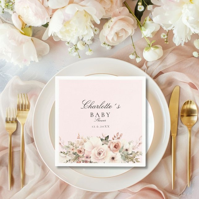 Serviette En Papier Elégant Baby shower de bouquet de fleurs pastel (Elegant pastel flower bouquet Baby Shower Napkins with your name and date.)