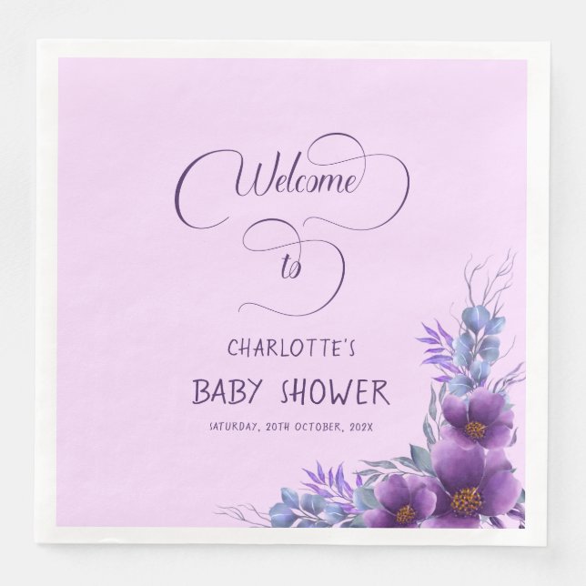 Serviette En Papier Elégant Baby shower de fleurs violettes aquarelle (Devant)
