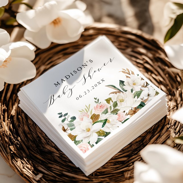 Serviette En Papier Elégant Baby shower de Magnolias aquarelle (Créateur téléchargé)