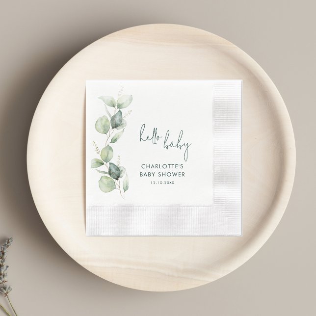 Serviette En Papier Elégant Baby shower Eucalyptus Script papier (Watercolor Eucalyptus Elegant Script Baby Shower Paper Napkin)