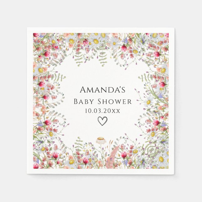 Serviette En Papier Élégant Baby shower Fleur sauvage (Devant)
