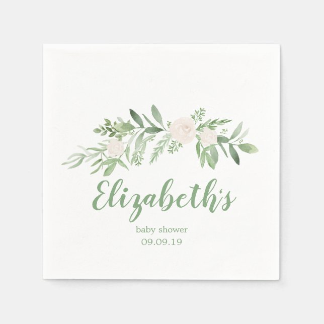 Serviette En Papier Elégant Baby shower Floral Blanc & Vert (Devant)