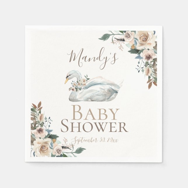 Serviette En Papier Élégant Baby shower floral de cygne neutre (Devant)