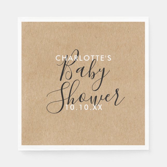 Serviette En Papier Élégant Baby shower neutre Script rustique (Devant)
