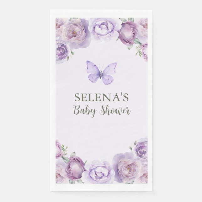 Serviette En Papier Élégant Baby shower papillon floral violet (Devant)