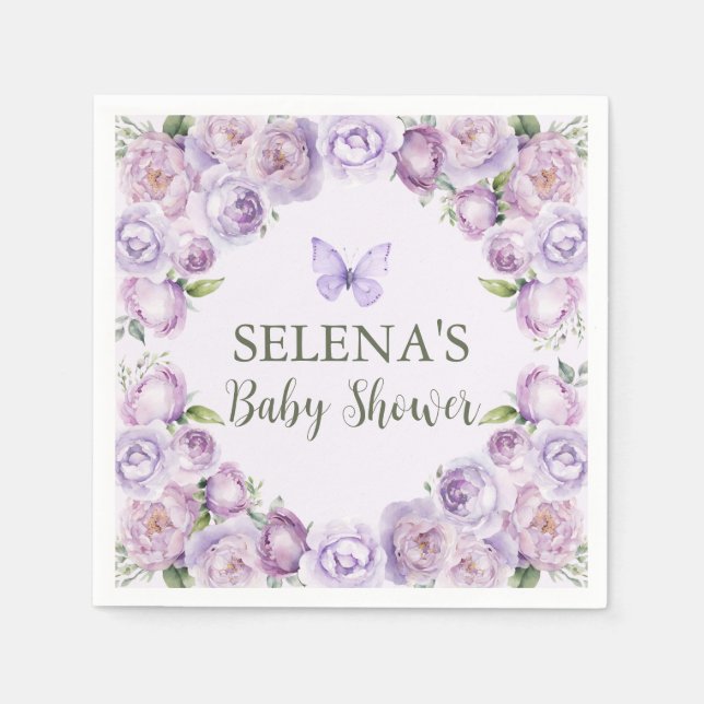 Serviette En Papier Élégant Baby shower papillon floral violet (Devant)