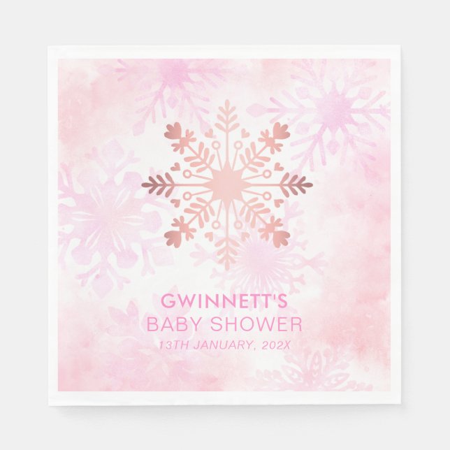 Serviette En Papier Élégant Baby shower rose petit flocon de neige (Devant)