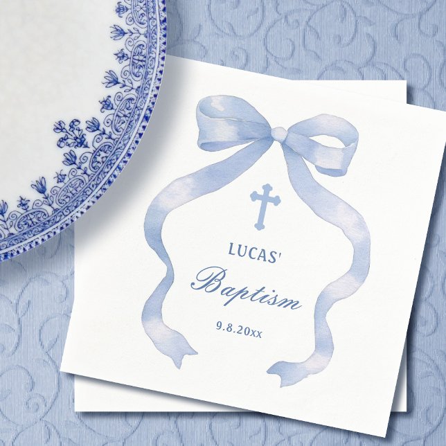 Serviette En Papier Élégant Baptême Bleu Bow (Créateur téléchargé)