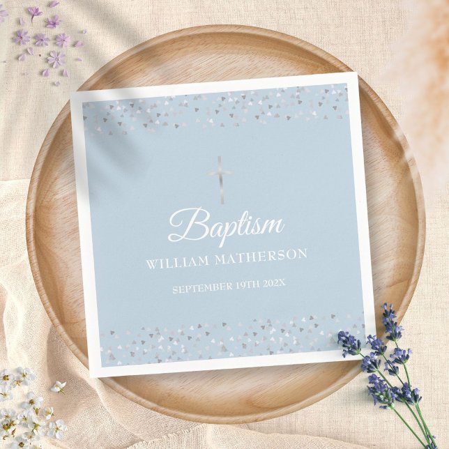 Serviette En Papier Elegant Baptême Bleu Christening Cœurs en Argent (Créateur téléchargé)