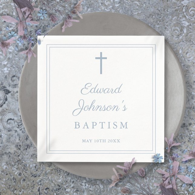 Serviette En Papier Élégant Baptême Bordure Bleu Poussiéreux (Elegant Dusty Blue Border Baptism Napkins)