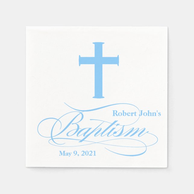 Serviette En Papier Élégant Baptême Croix Bleue Personnalisé Napkin (Devant)