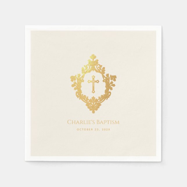 Serviette En Papier Elégant Baptême Croix d'or Faux en Crest Ivory (Devant)