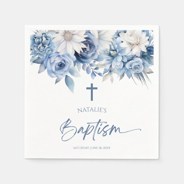 Serviette En Papier Élégant Baptême Floral Bleu Dusty (Devant)