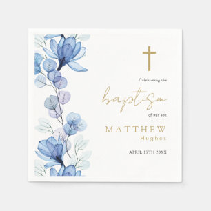 Serviette En Papier Élégant baptême floral transparent bleu poussiéreu