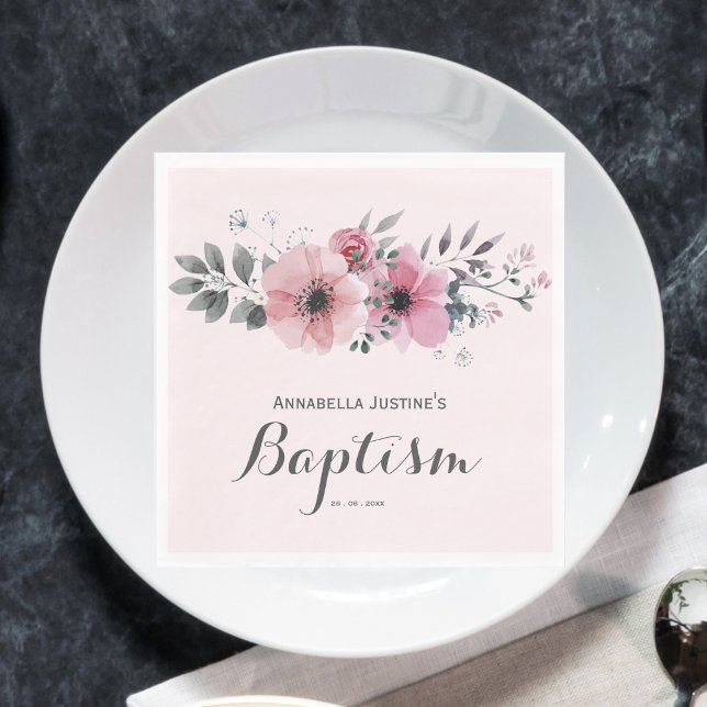 Serviette En Papier Élégant BAPTISME rose floral (Créateur téléchargé)