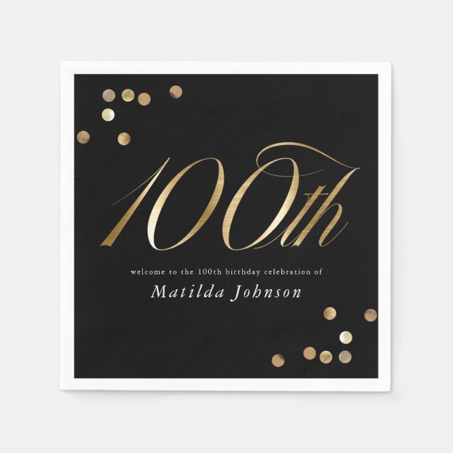 Serviette En Papier Elegant Black and Gold 100th Birthday Party (Devant)